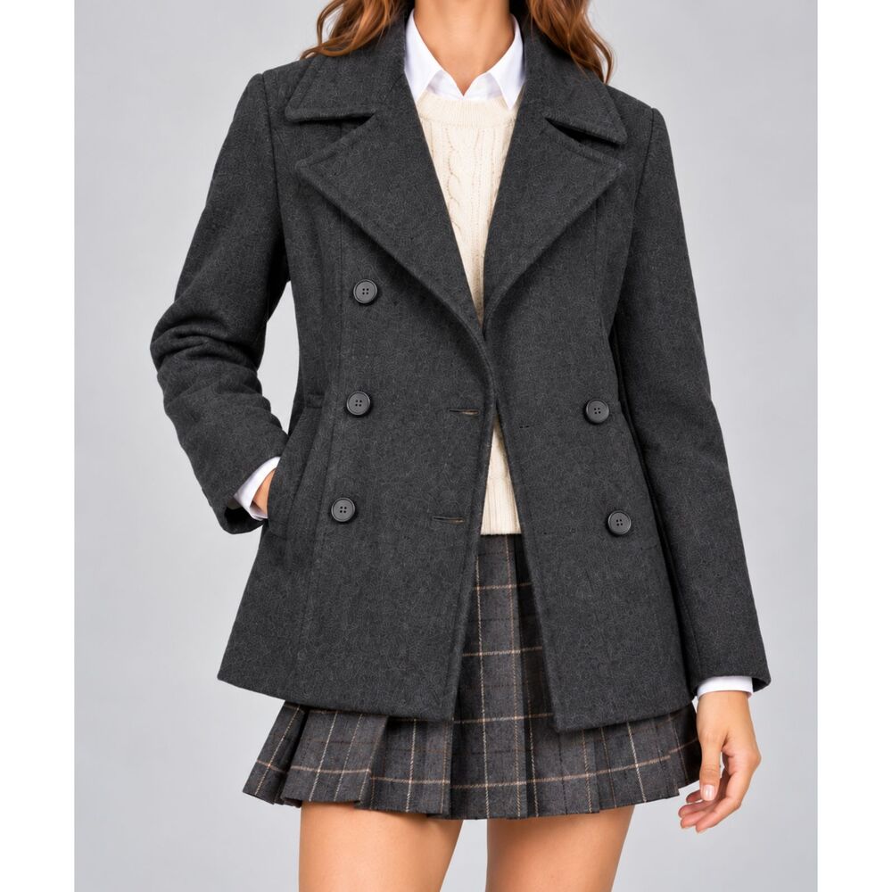 Esprit Women's Gray Wool Blend Double Breasted Peacoat Jacket Size M